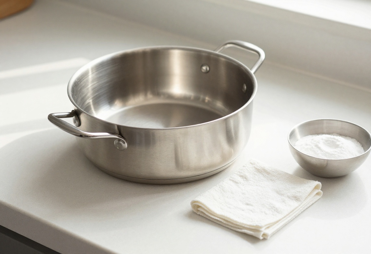 Clean stainless steel pan with baking soda and cloth for gentle cleaning