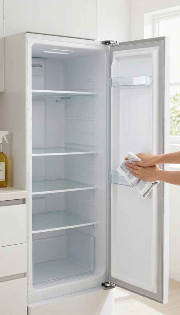 Person wiping inside of a clean, empty refrigerator during a monthly deep clean, with shelves and drawers removed on the counter.