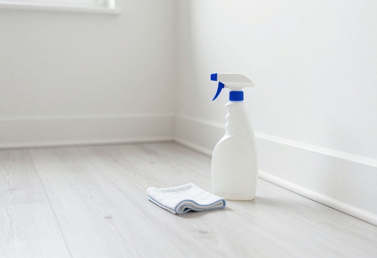 Clean white baseboards with cleaning tools on the floor