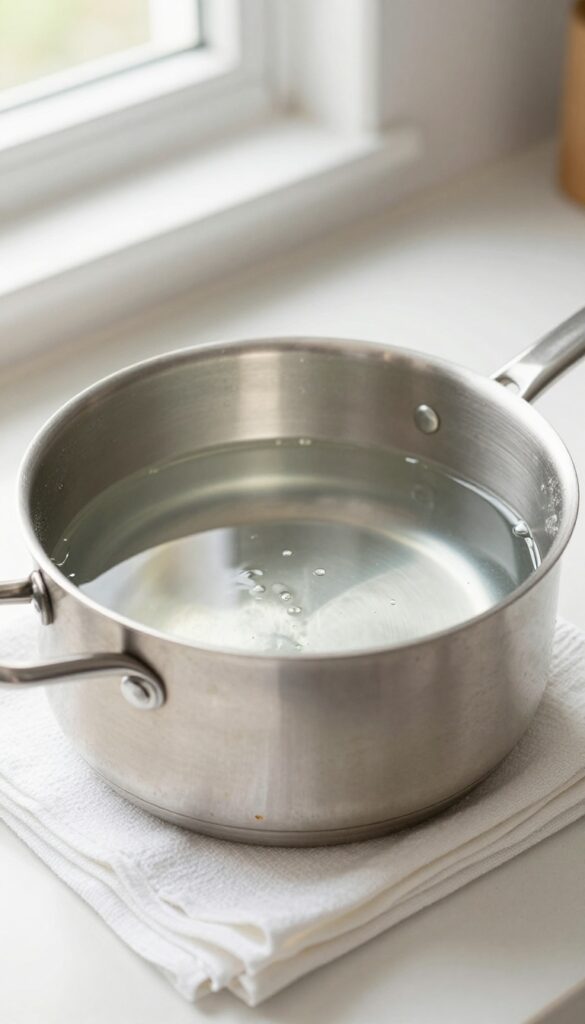 Stainless steel pan soaking in white vinegar and water to remove baked-on grease