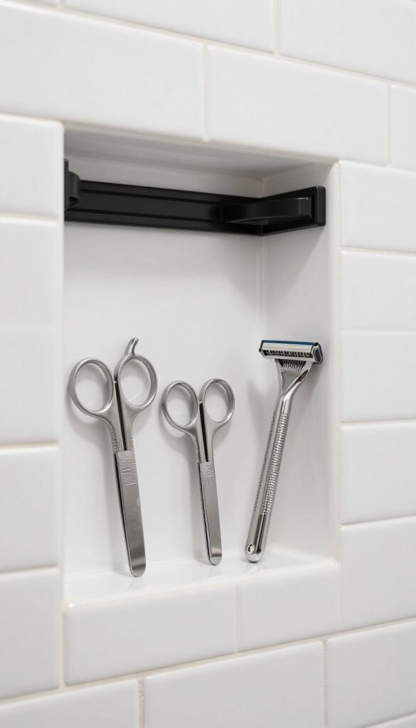 Shower niche with magnetic strip holding metal grooming tools