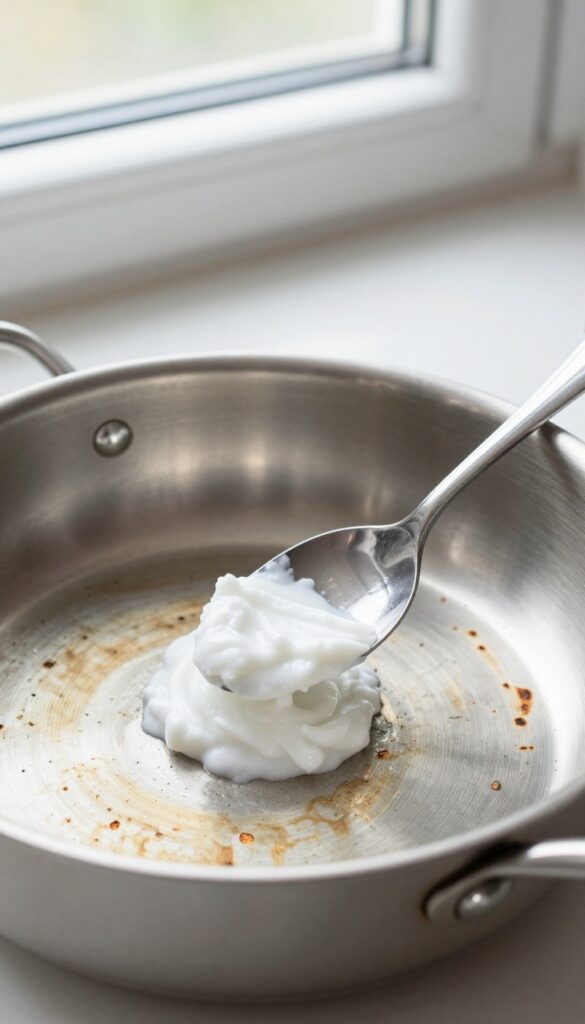 Aspirin paste being applied to burnt pan stains