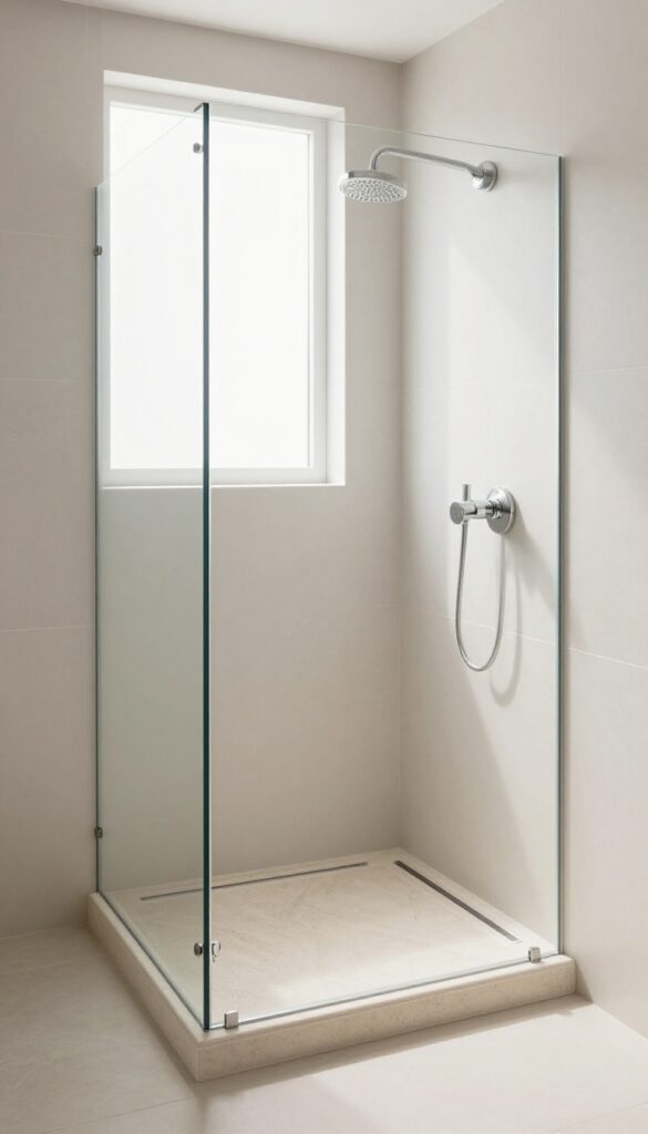 Narrow walk-in shower with slim tray and linear drain in a small bathroom