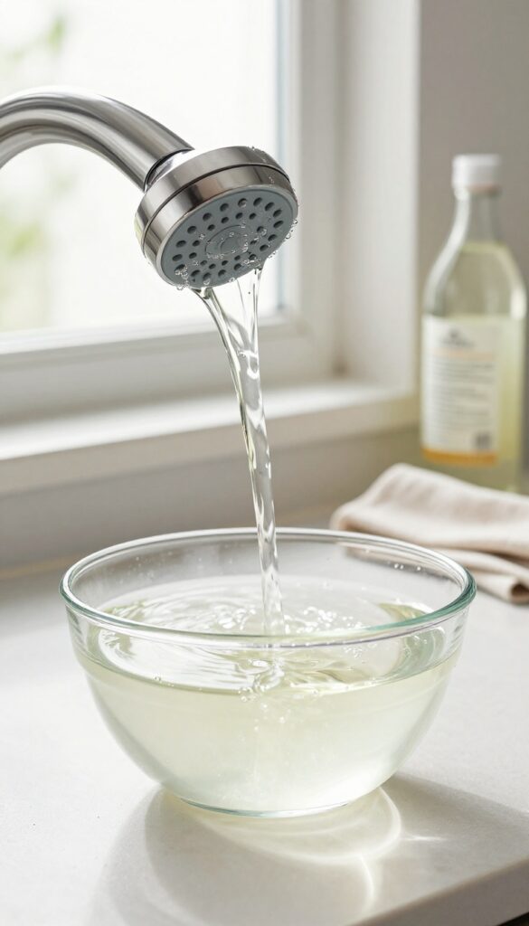 Handheld shower head soaking in a bowl of white vinegar on a kitchen counter with natural light
