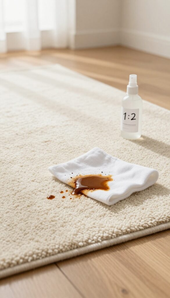 Blotting a coffee stain on a wool rug with a white cloth and a spray bottle of vinegar solution nearby
