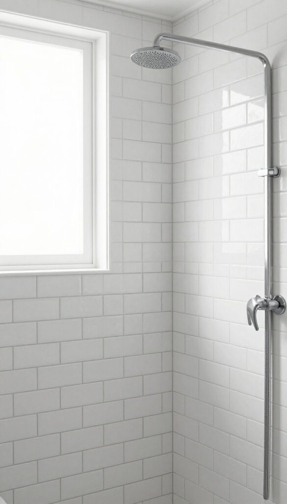 Modern bathroom shower with vertical stack elongated subway tiles and charcoal grout