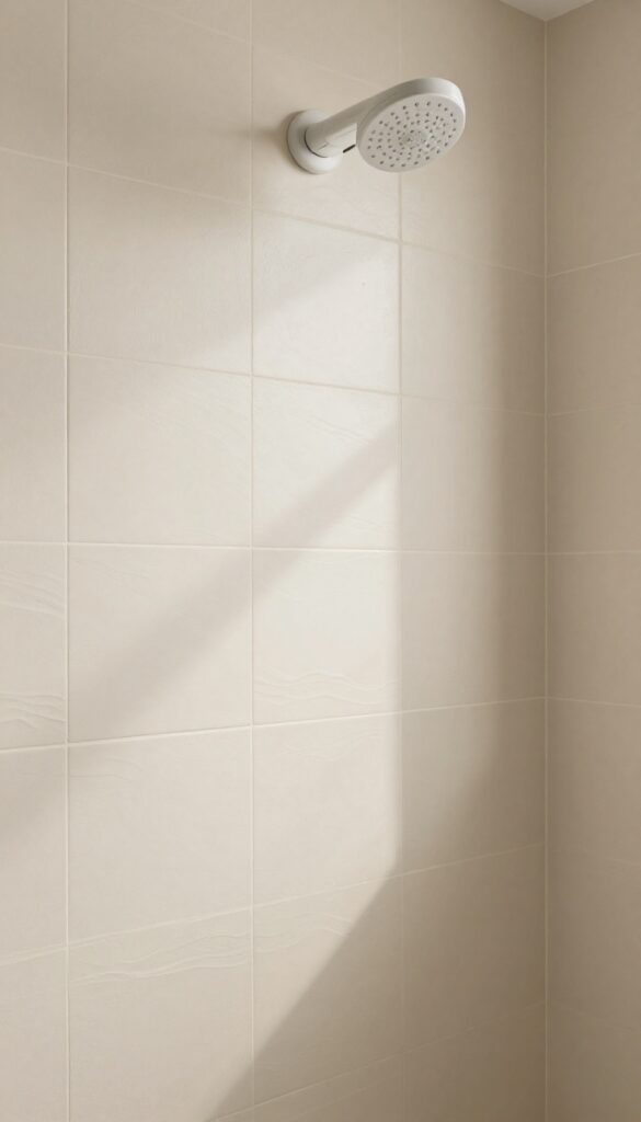 Textured ceramic shower tiles with wave pattern in soft beige, natural light highlighting the raised ridges