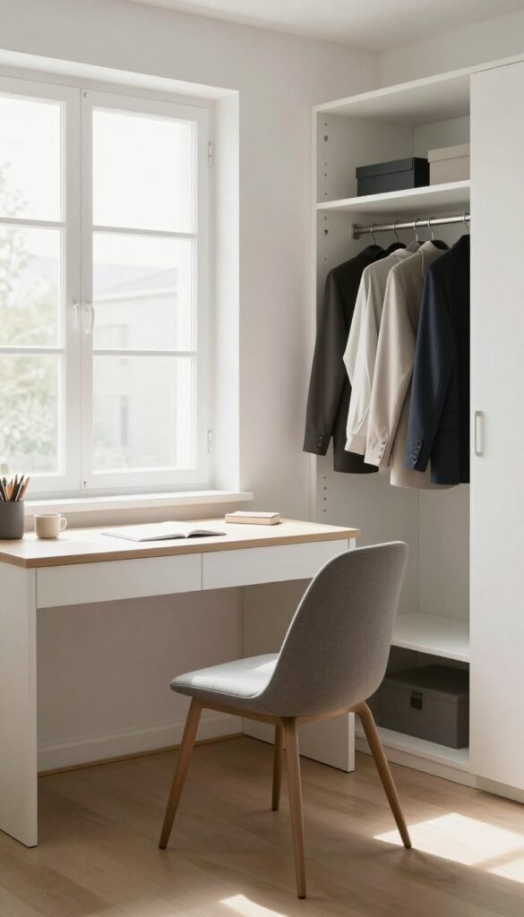 Person holding a jacket and hanging it in closet, clean desk and chair, no clutter, bright natural light.