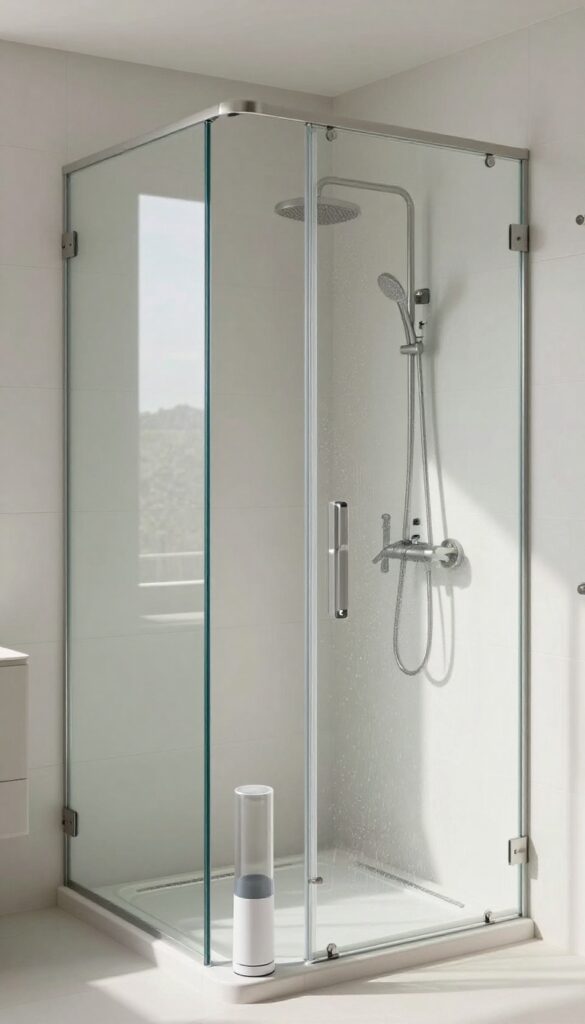 Clear shower glass with a water softener unit in a bright, modern bathroom