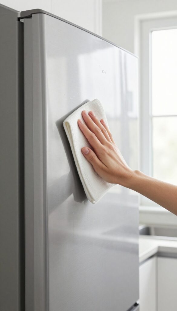 Hand wiping a stainless steel refrigerator with a microfiber cloth, clean and shiny surface, bright kitchen