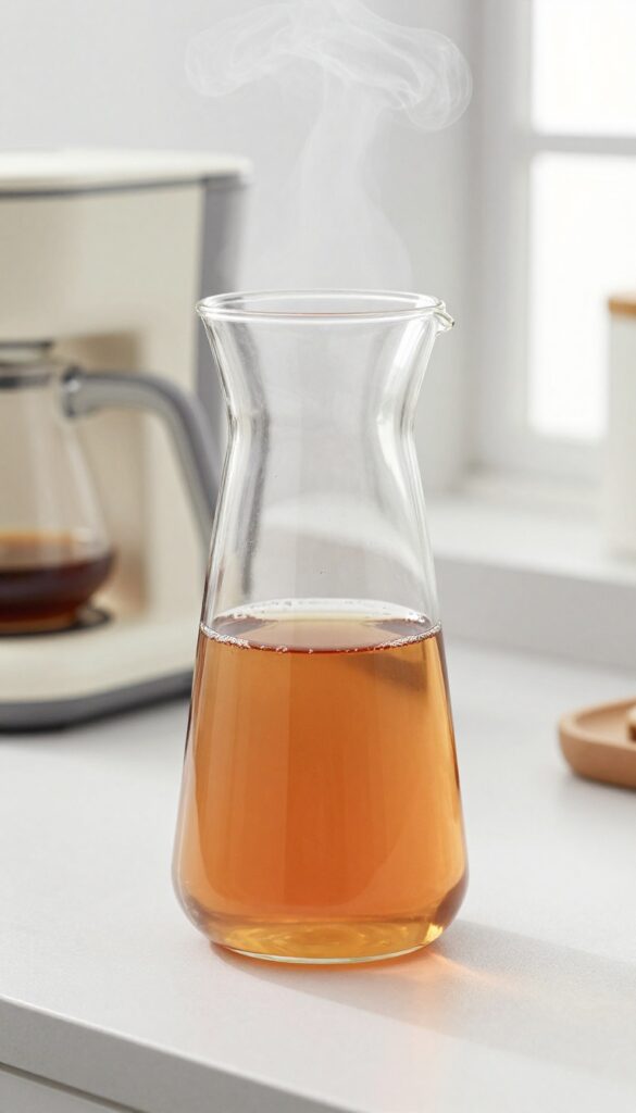 Close-up of a glass coffee carafe filled with vinegar solution, with coffee maker in background and steam rising in bright natural light.