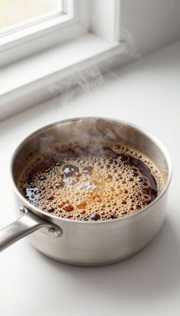 Stainless steel pan with bubbling cola cleaning burnt residue