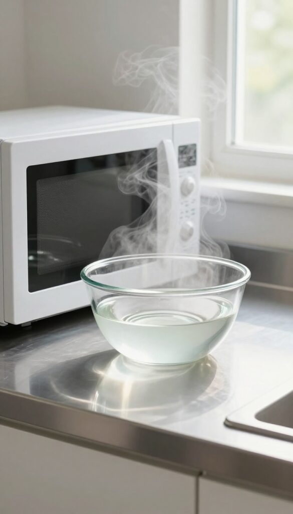 A microwave with a bowl of vinegar and water inside, steam rising, clean kitchen counter with a calendar reminder.