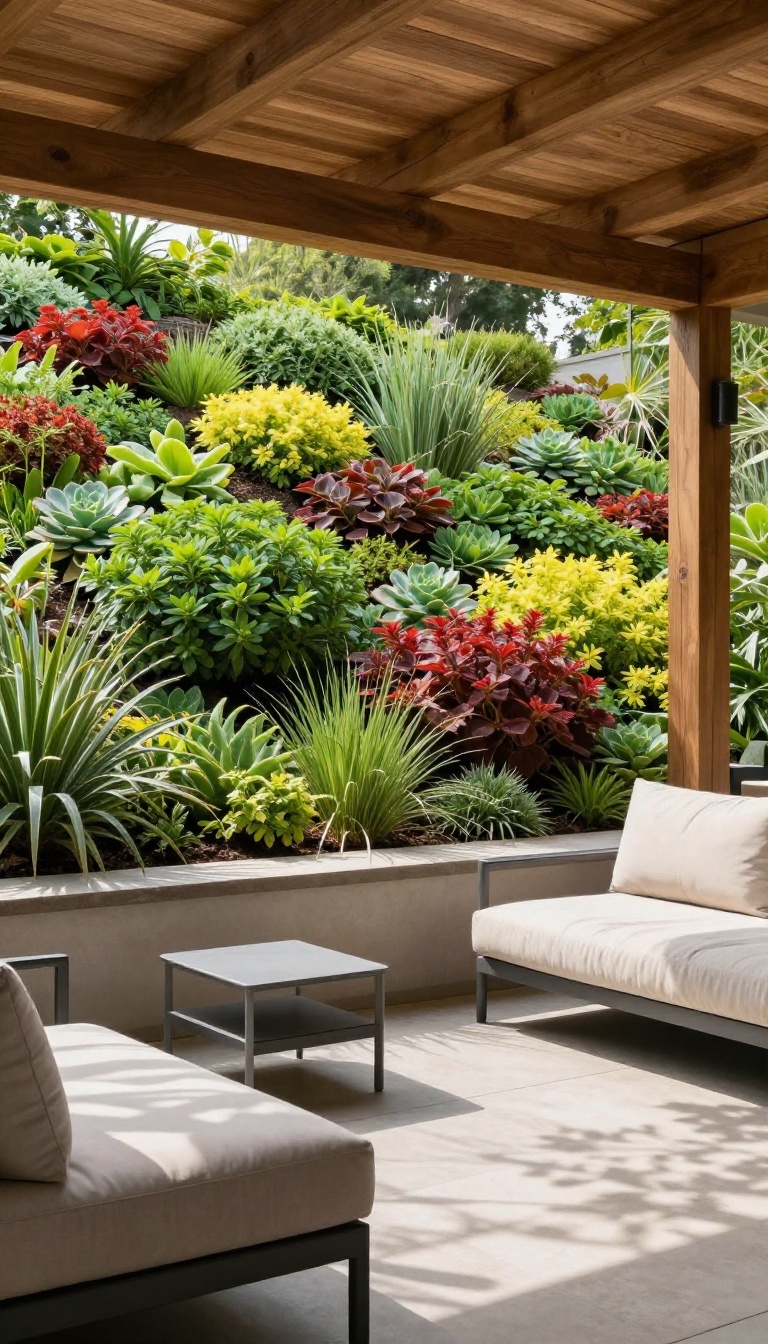 Patio with a living green roof, showcasing a lush layer of plants and a comfortable outdoor seating area below.