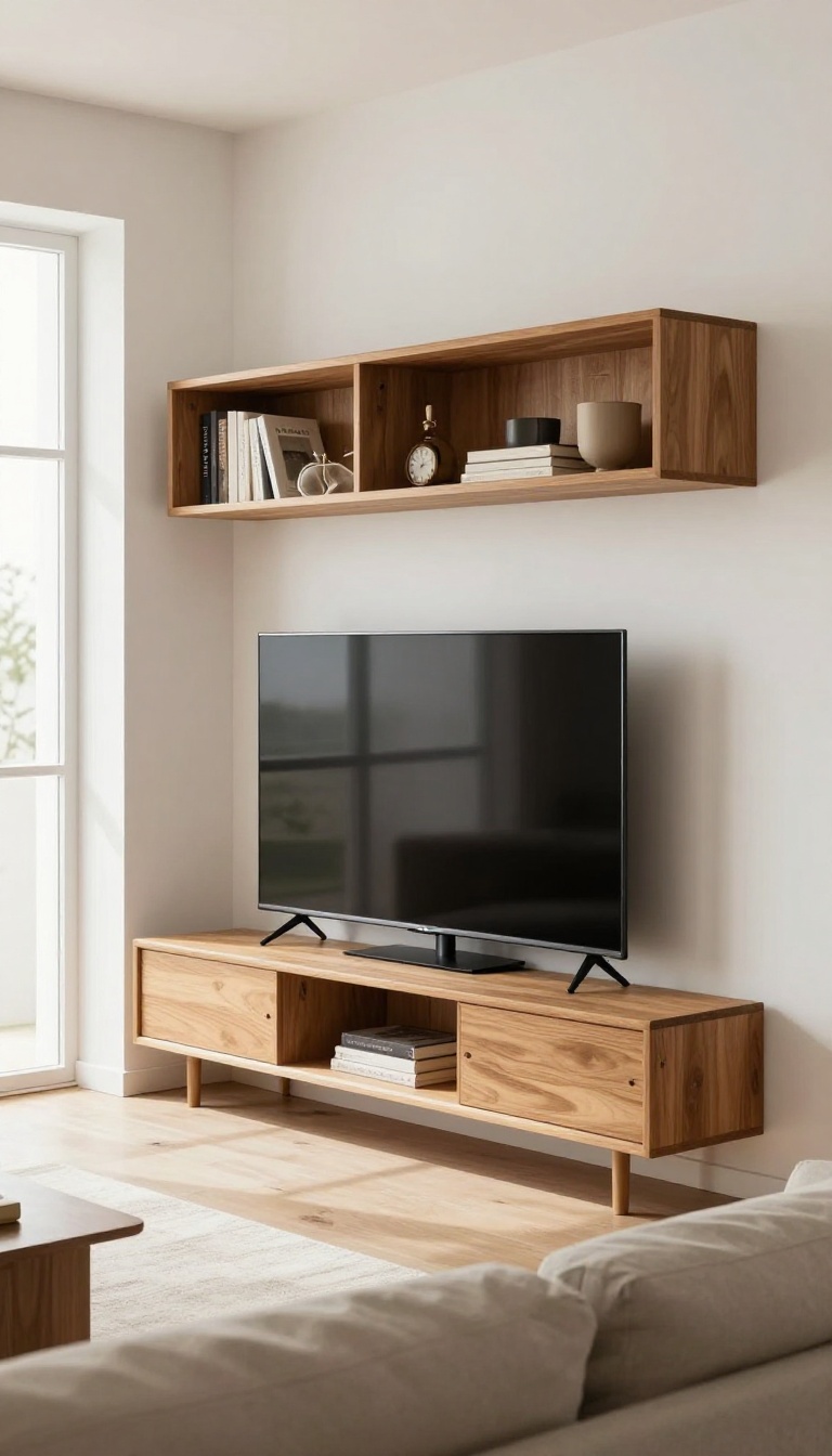Modern living room with a floating wooden corner TV unit and TV mounted on the wall, maximizing an awkward corner space.