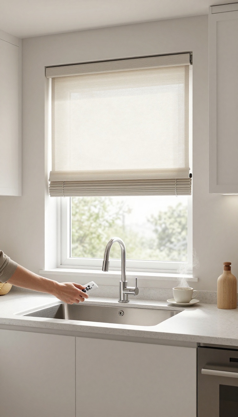 Motorized blinds in a modern kitchen with a remote control, offering cord-free convenience and natural light.