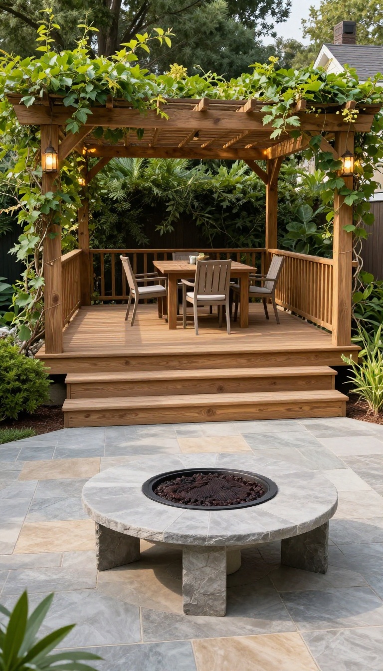 Two-level deck with fire pit patio, raised dining area and lower seating zone, connected by wide steps, with built-in seating and warm lighting.