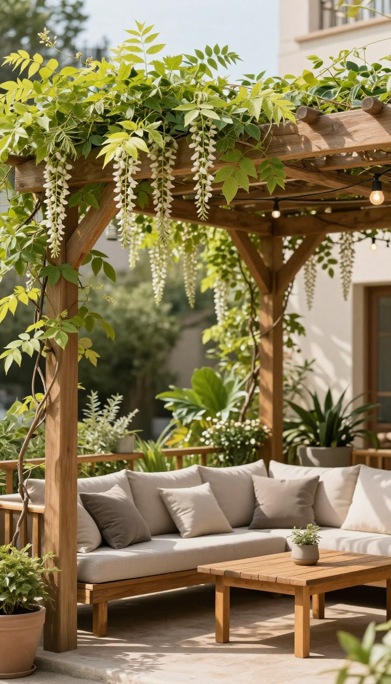 Patio with wooden pergola covered in wisteria vines, cozy seating area underneath