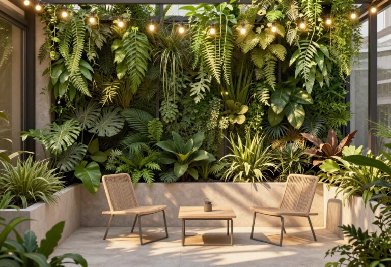 Small patio with vertical garden and string lights
