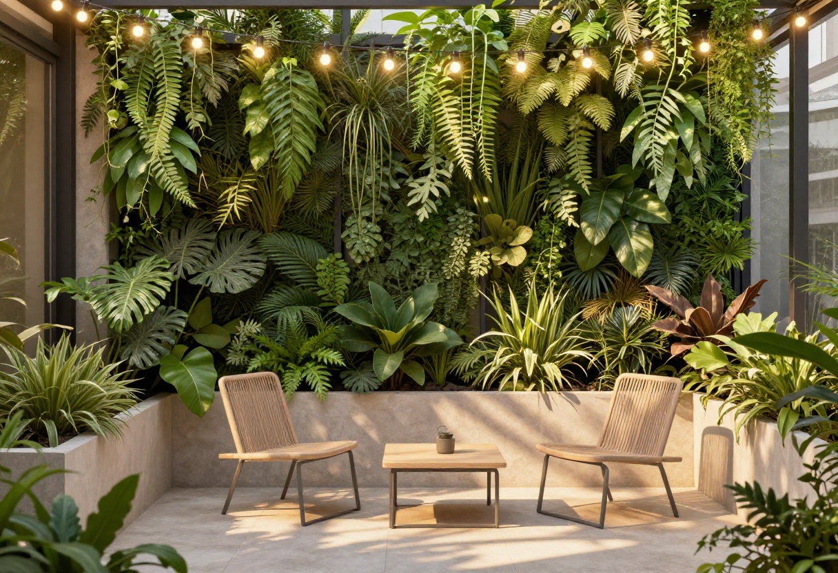 Small patio with vertical garden and string lights