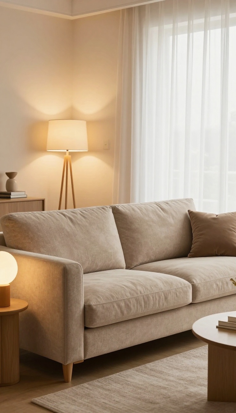 Taupe sofa in a cozy living room with warm, layered lighting from floor and table lamps, creating a soft, inviting glow.