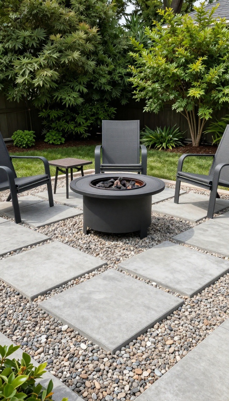 Patio floor made of large concrete pavers surrounded by pea gravel, with a fire pit and outdoor furniture in a backyard.