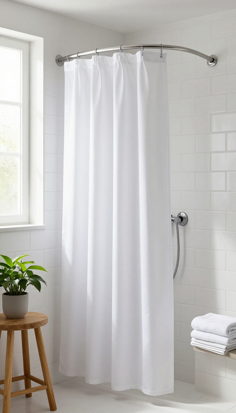 Small shower room with curved shower rod creating extra space