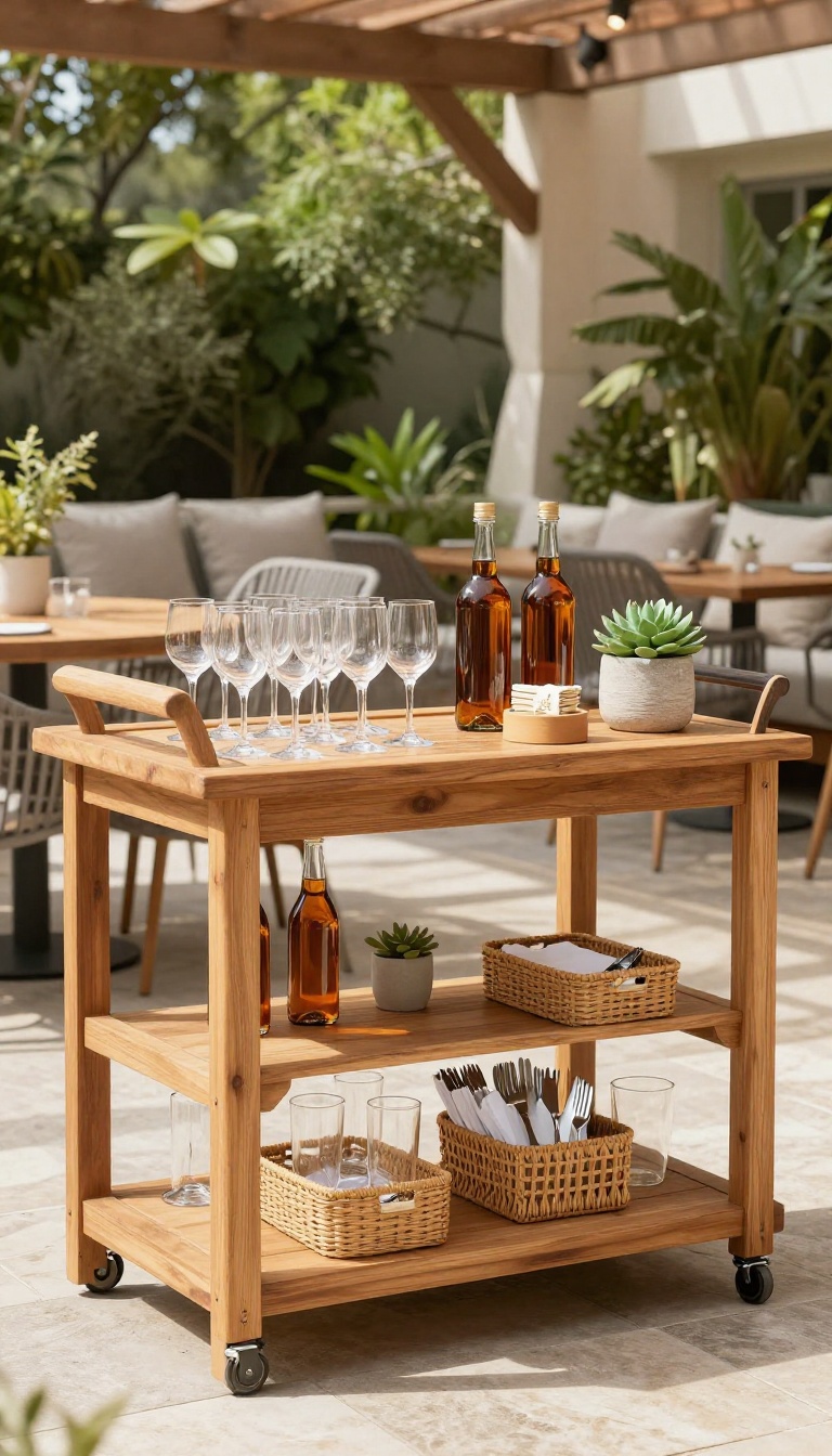 Outdoor covered patio with a teak bar cart styled as a serving station, featuring drinks, snacks, and decor in natural light.