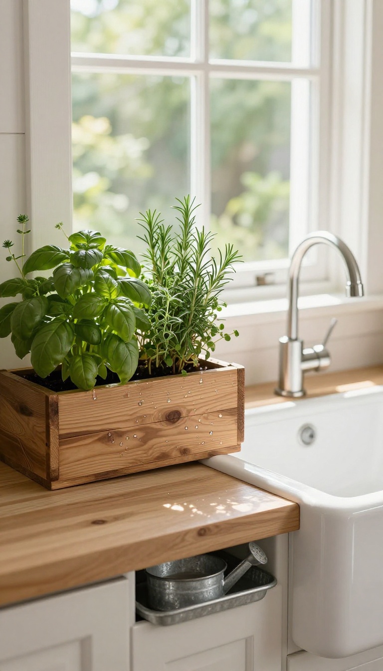 A modern farmhouse kitchen window with a wooden herb planter and watering tray, filled with fresh basil, thyme, and rosemary.
