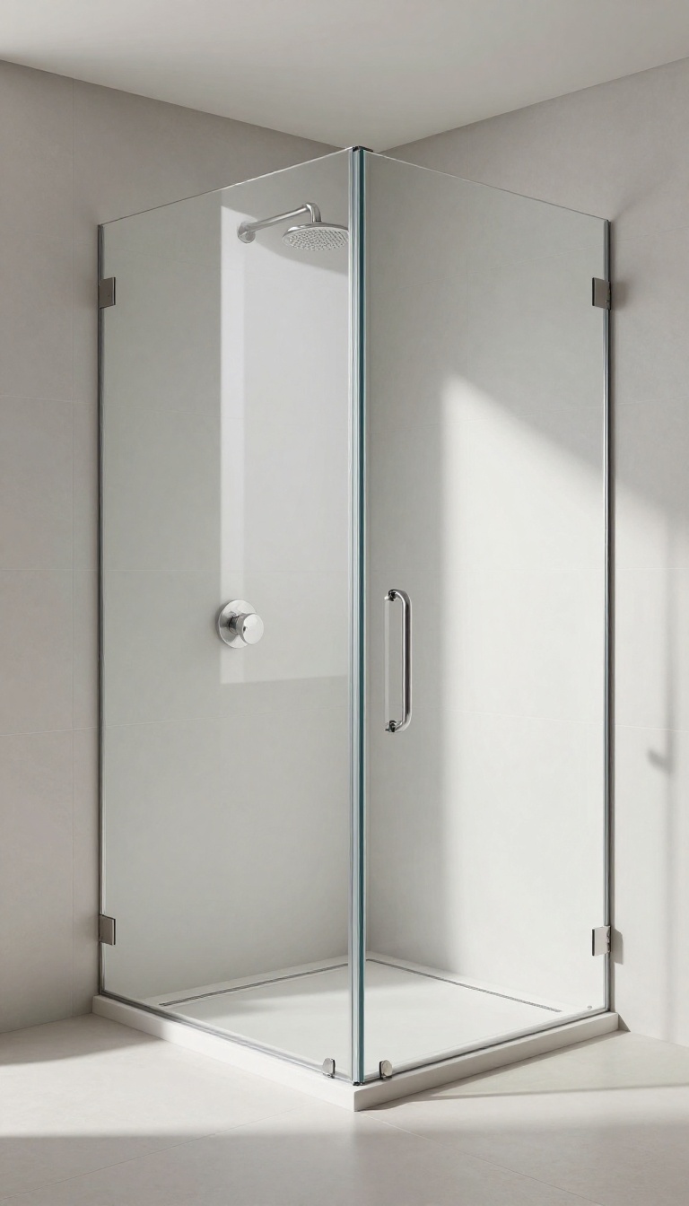 Modern walk-in shower with a sleek linear drain and minimalist design