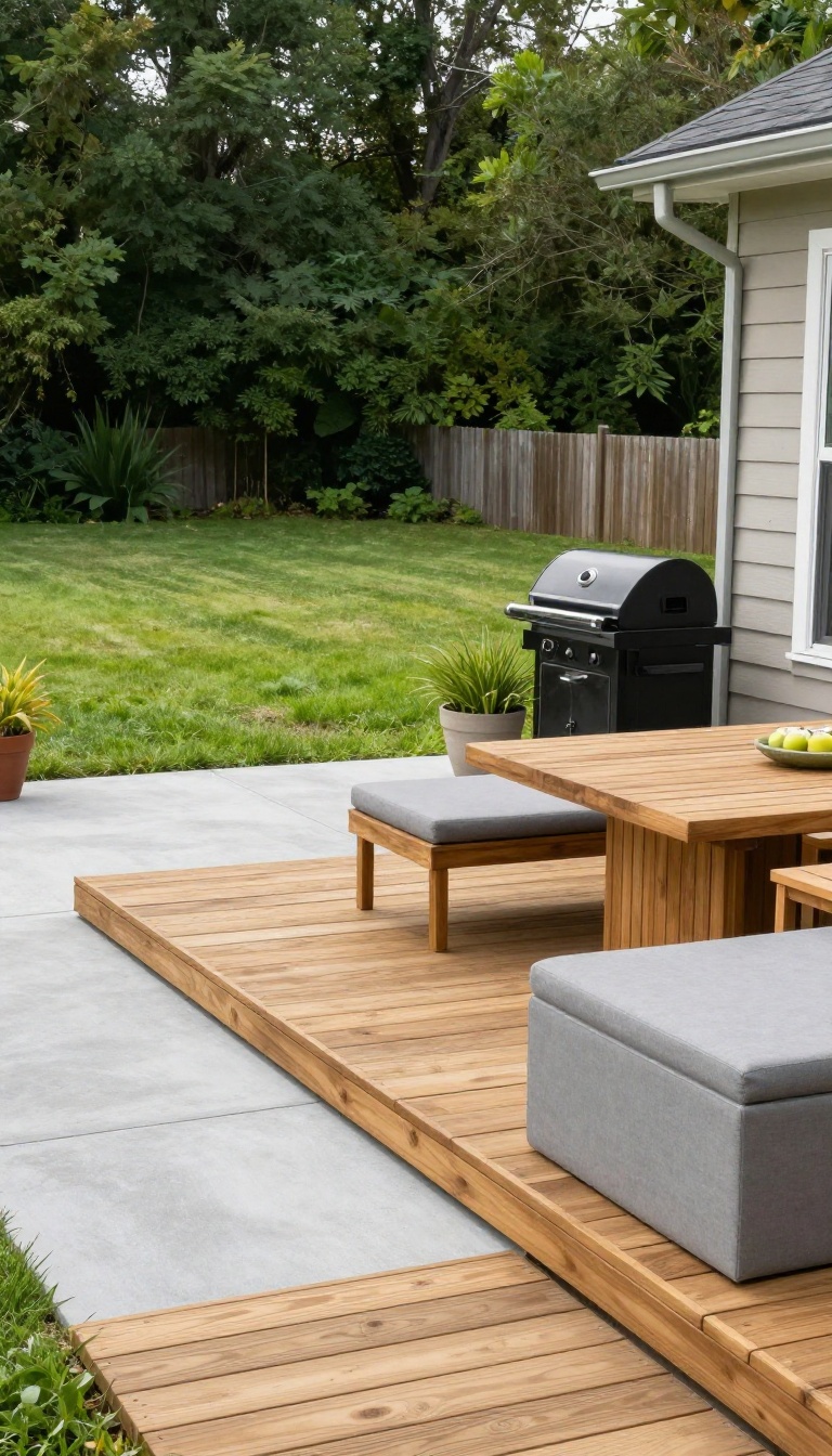A wooden deck extending from a concrete patio with outdoor furniture and plants