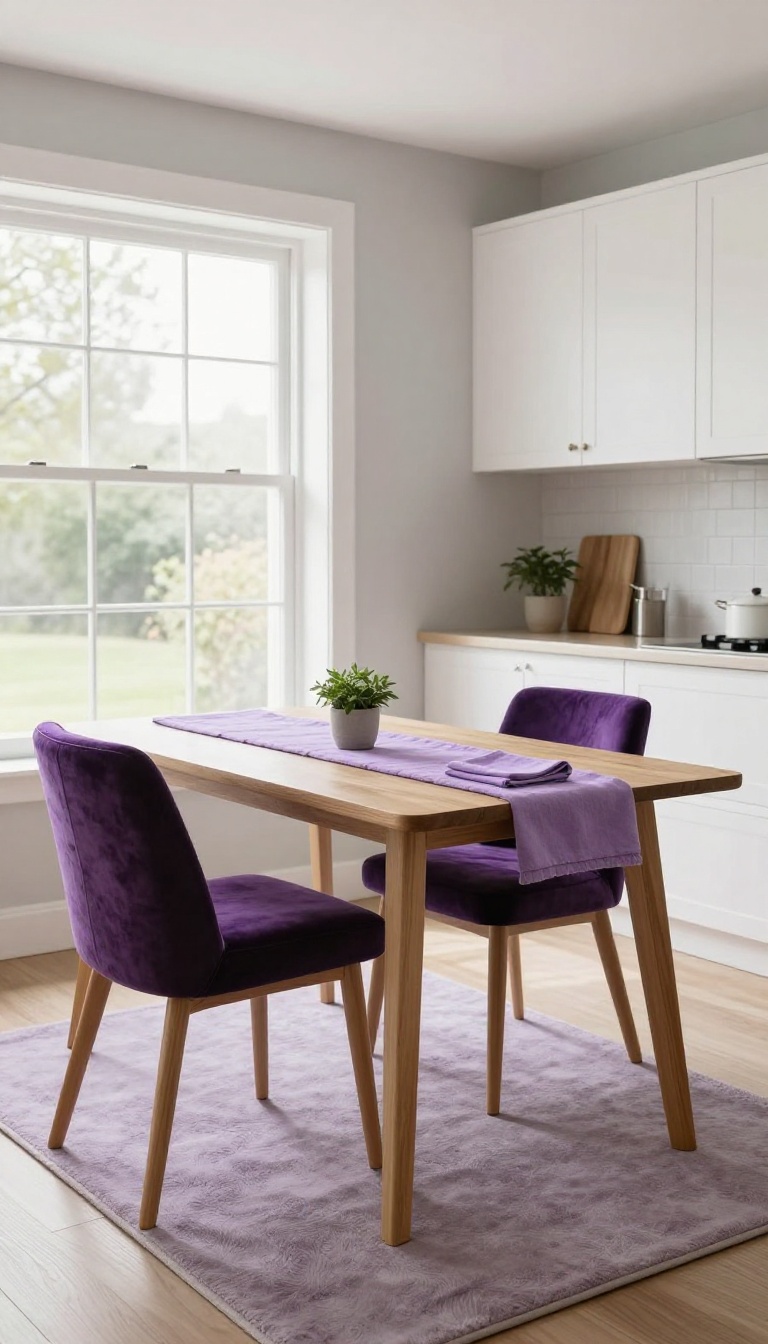 Bright kitchen with purple velvet seat cushions, lilac table runner, and lavender accents on a neutral base