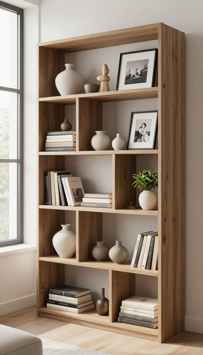 Styled living room shelves with a curated mix of books, ceramics, and plants in natural light.