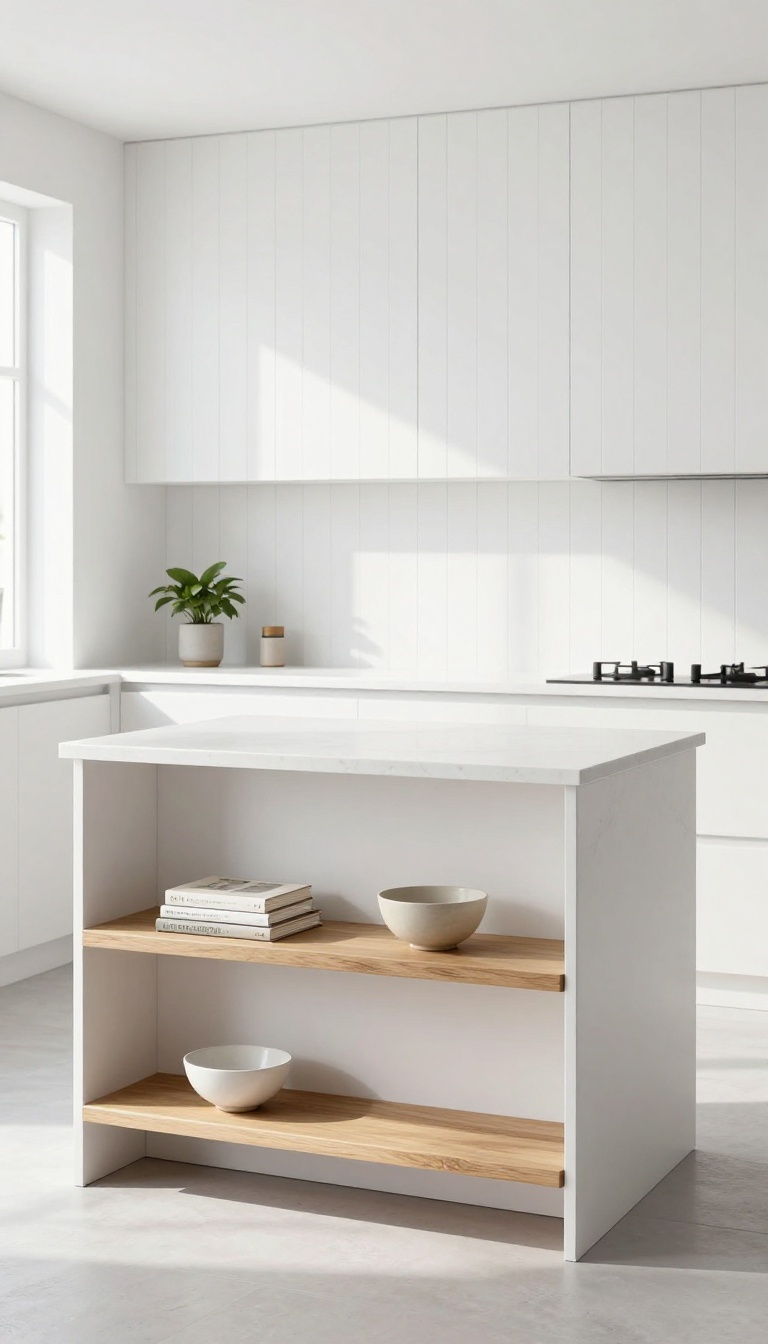 Modern kitchen island with open shelving and shiplap paneling, displaying cookbooks and decor in bright natural light