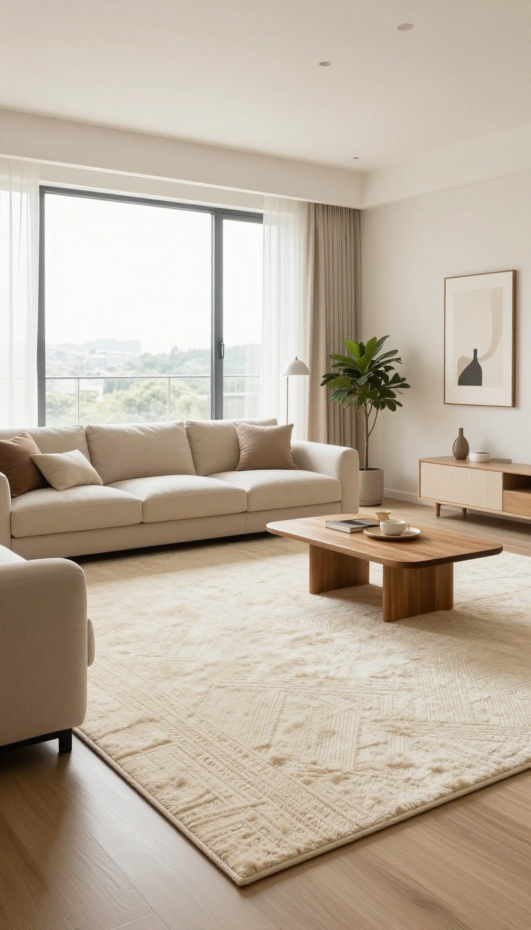 Large cream area rug defining a cozy luxury living room seating area with modern furniture and natural light.