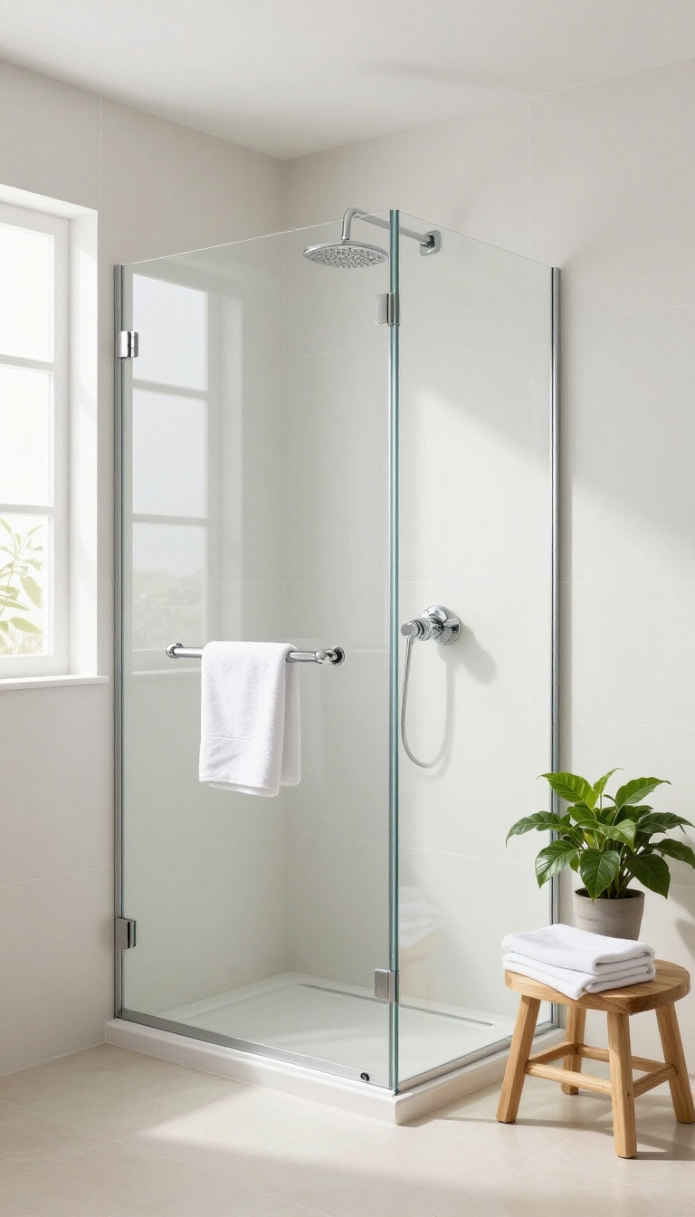 Small shower room with light colors and large tiles creating a spacious feel
