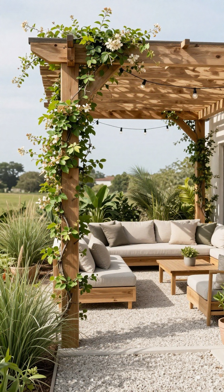 Gravel patio with a wooden pergola, climbing vines, and outdoor seating in dappled sunlight