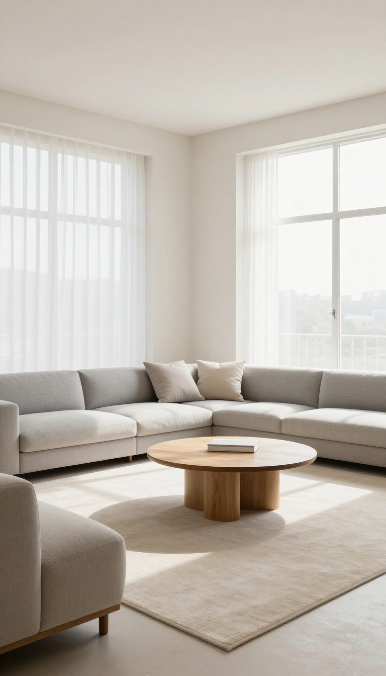 Minimalist living room layout with sofa, coffee table, and accent chairs in bright natural light, open and airy space.