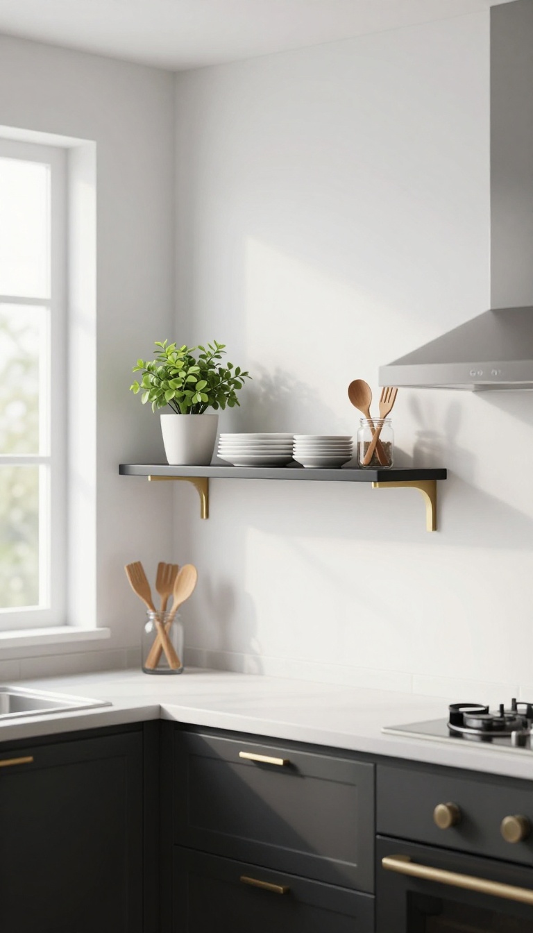 Black floating corner shelf with gold trim in a bright modern kitchen, styled with a plant, plates, and utensils.