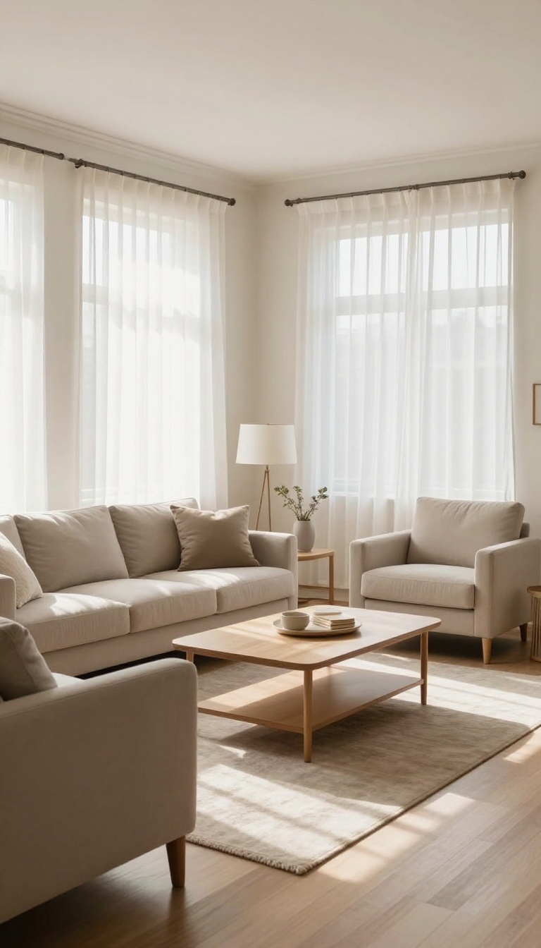 Living room with rearranged furniture for better flow, showing open pathways and a conversational seating arrangement.