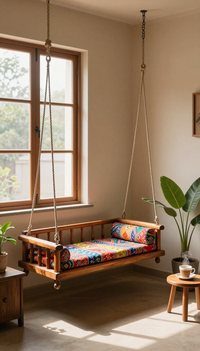 Traditional wooden jhula swing with colorful cushions in a bright Indian living room corner