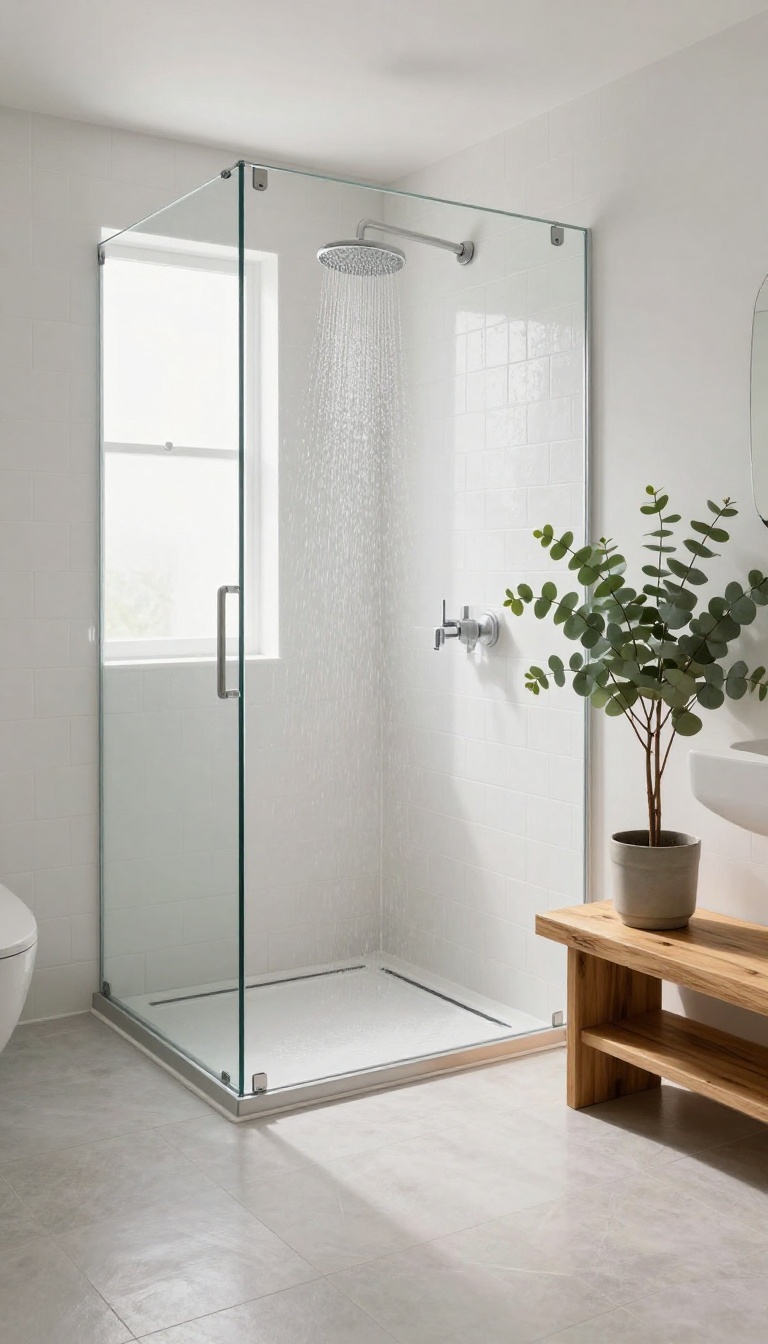 Small bathroom with open wet room shower and linear drain, continuous tiled floor, bright natural light