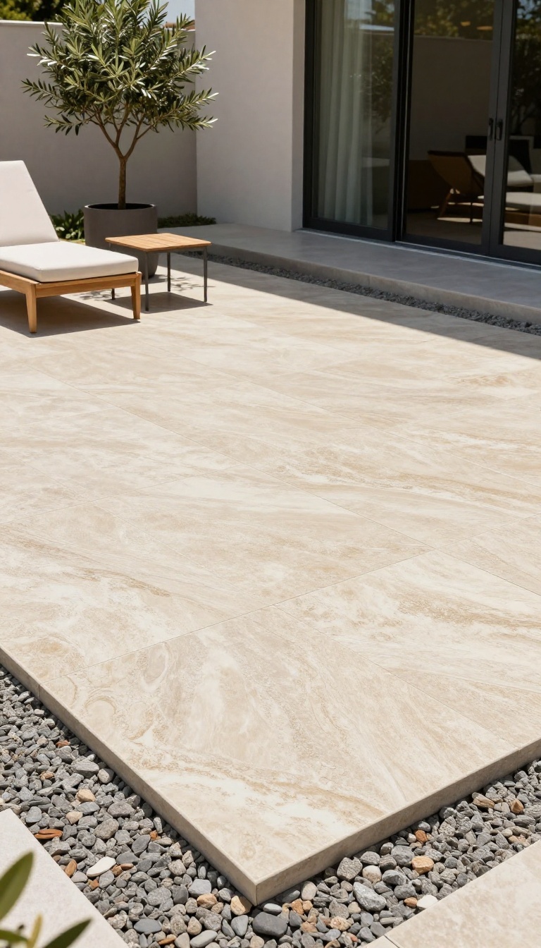 Porcelain pavers in a travertine finish creating a sleek, durable patio floor in a sunny backyard