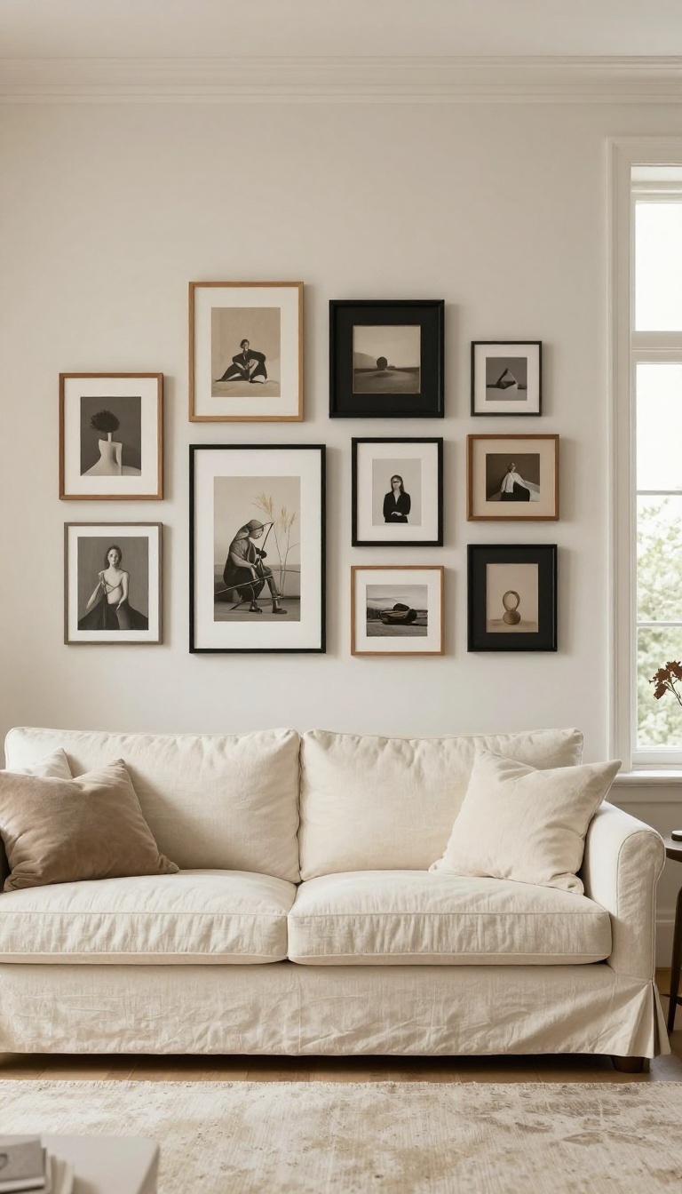 Gallery wall with personal art and photos above a sofa in a bright, luxurious living room