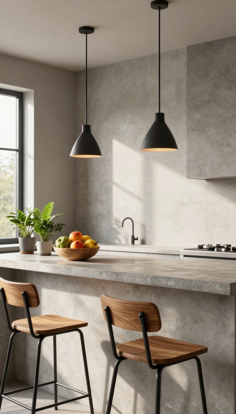 Concrete bar counter with wooden bar stools and pendant lights in a bright modern kitchen