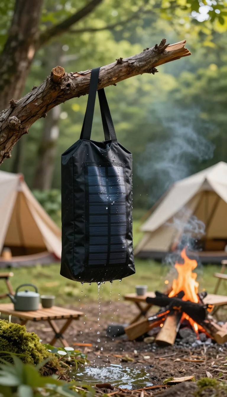 Black solar shower bag hanging from a tree branch in a sunny campsite, releasing a gentle stream of water