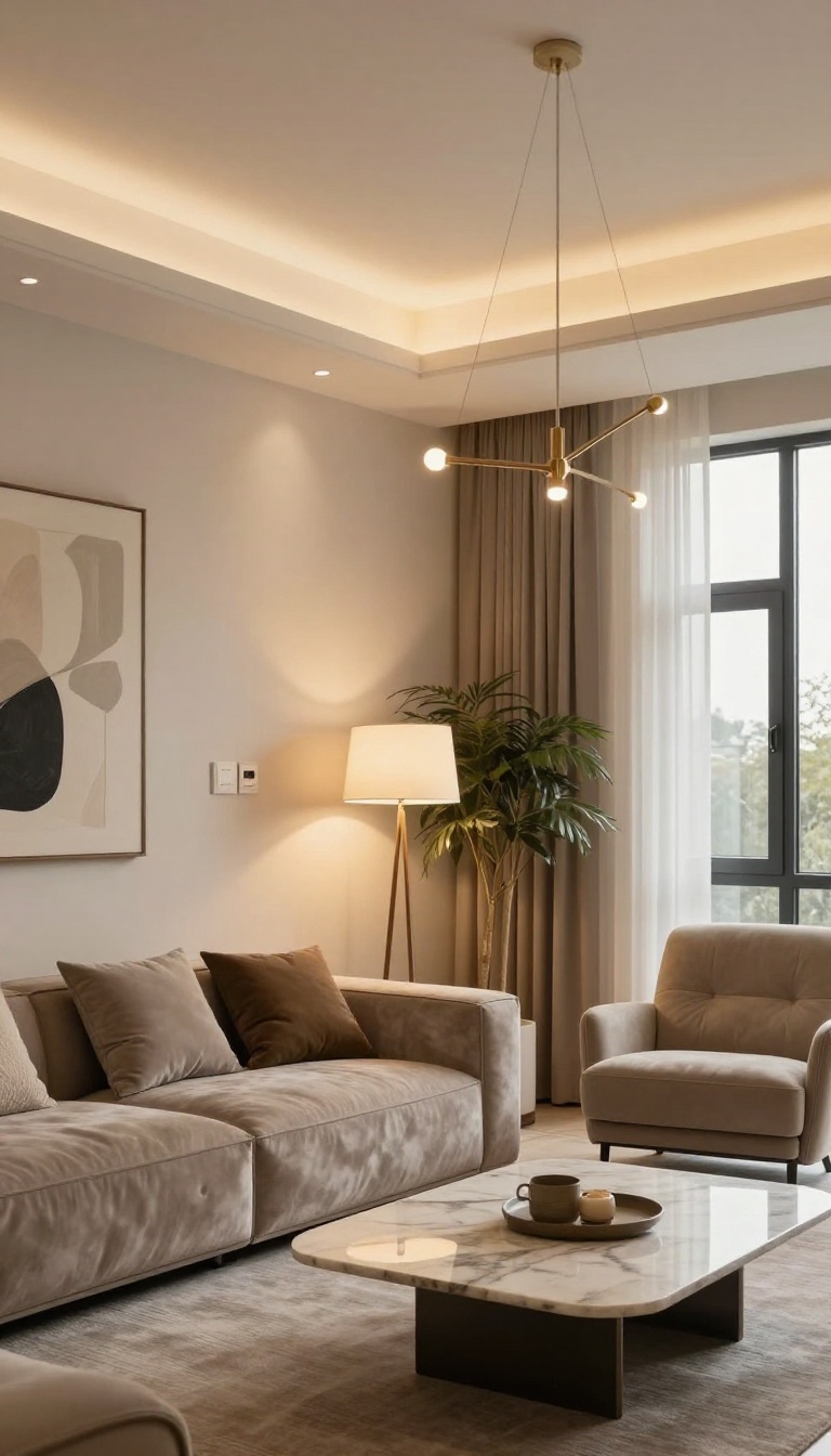 Layered lighting in a modern luxury living room with ambient, task, and accent lights creating depth and warmth.