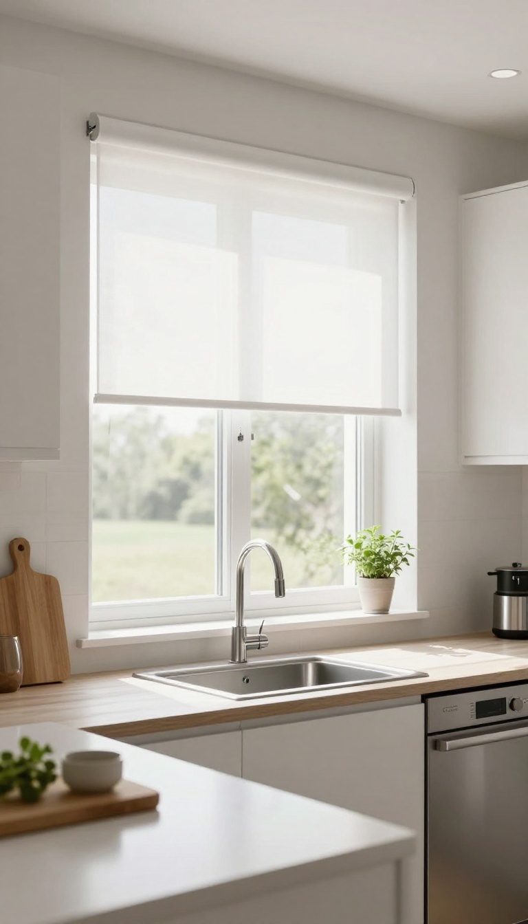 White roller shades in a bright kitchen window, rolled up neatly for a clean, minimalist look.