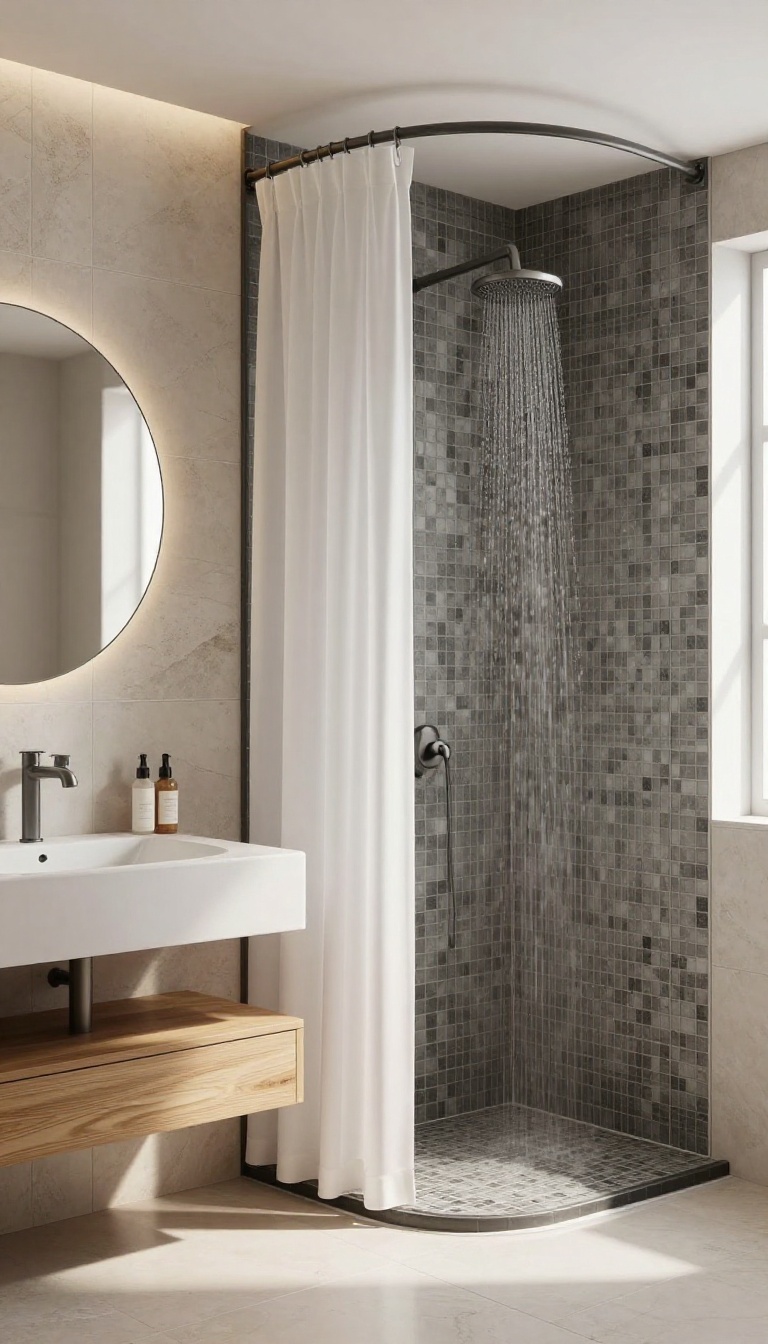 Tile-lipped shower with a semi-sheer curtain in a bright, modern bathroom