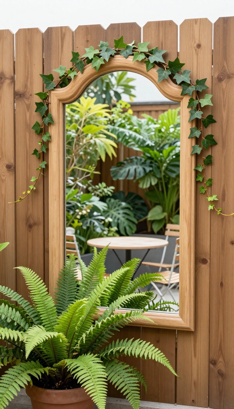 Small patio garden with a mirror reflecting greenery to create a lush, spacious feel
